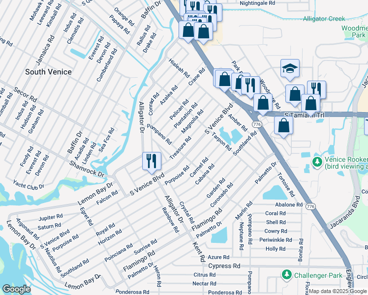 map of restaurants, bars, coffee shops, grocery stores, and more near 495 Treasure Road in Venice