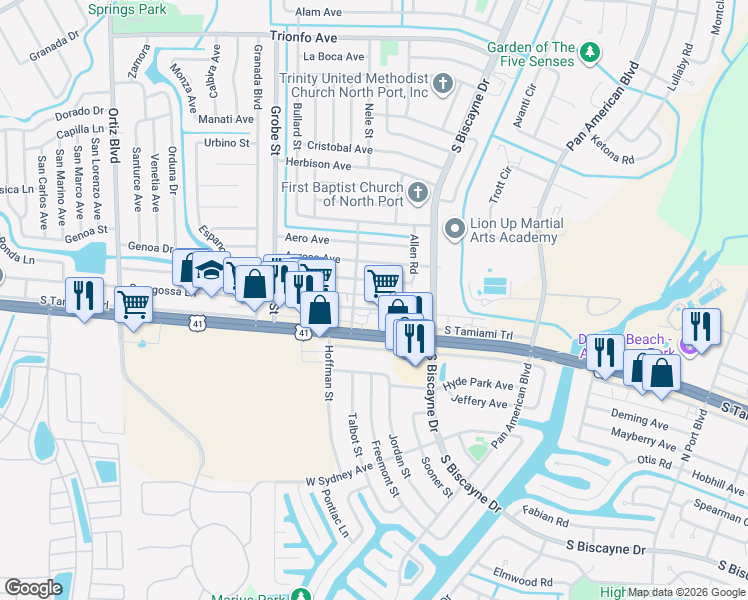 map of restaurants, bars, coffee shops, grocery stores, and more near 8381 Fay Avenue in North Port