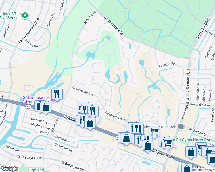 map of restaurants, bars, coffee shops, grocery stores, and more near 5768 Sabal Trace Drive in North Port
