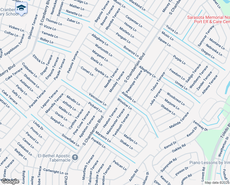 map of restaurants, bars, coffee shops, grocery stores, and more near 3663 South Chamberlain Boulevard in North Port