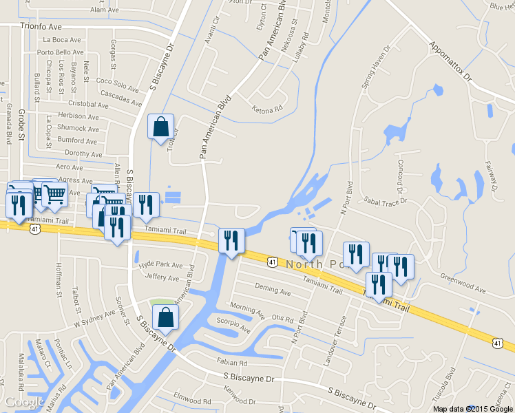 map of restaurants, bars, coffee shops, grocery stores, and more near 6931 Willow Creek Circle in North Port