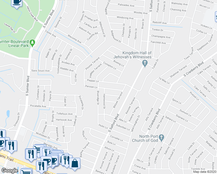 map of restaurants, bars, coffee shops, grocery stores, and more near 4264 Persian Lane in North Port