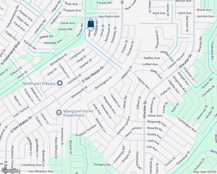 map of restaurants, bars, coffee shops, grocery stores, and more near 3369 Billberry Street in North Port