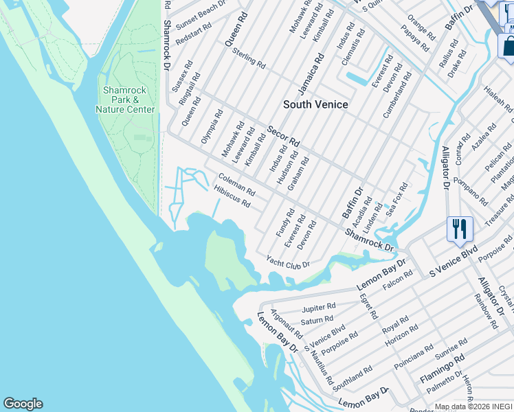 map of restaurants, bars, coffee shops, grocery stores, and more near 4183 Hibiscus Road in Venice