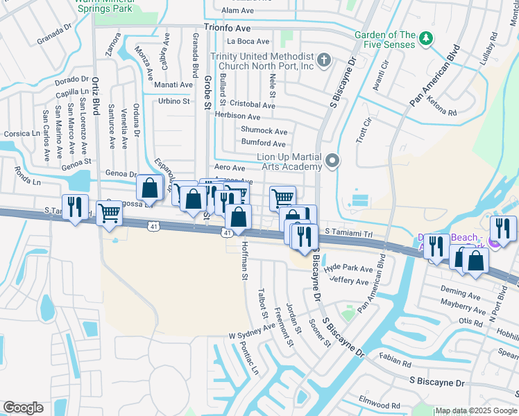 map of restaurants, bars, coffee shops, grocery stores, and more near 8381 Fay Avenue in North Port