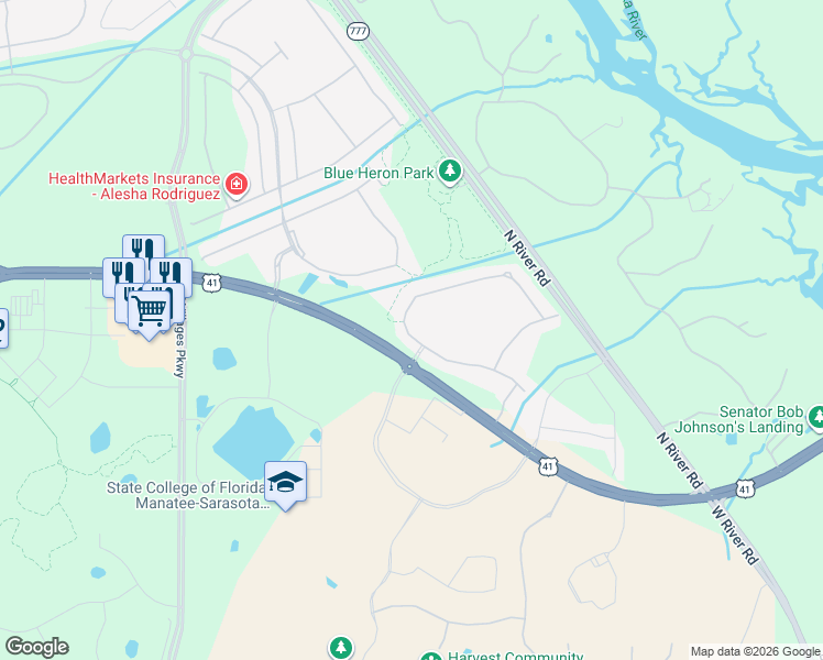 map of restaurants, bars, coffee shops, grocery stores, and more near 19806 Bridgetown Loop in Venice