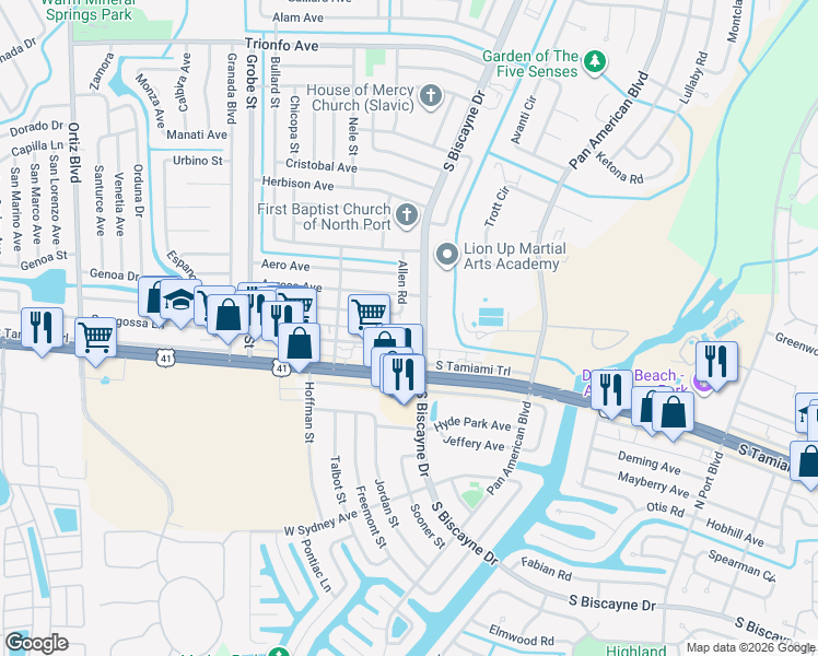 map of restaurants, bars, coffee shops, grocery stores, and more near 5539 South Biscayne Drive in North Port