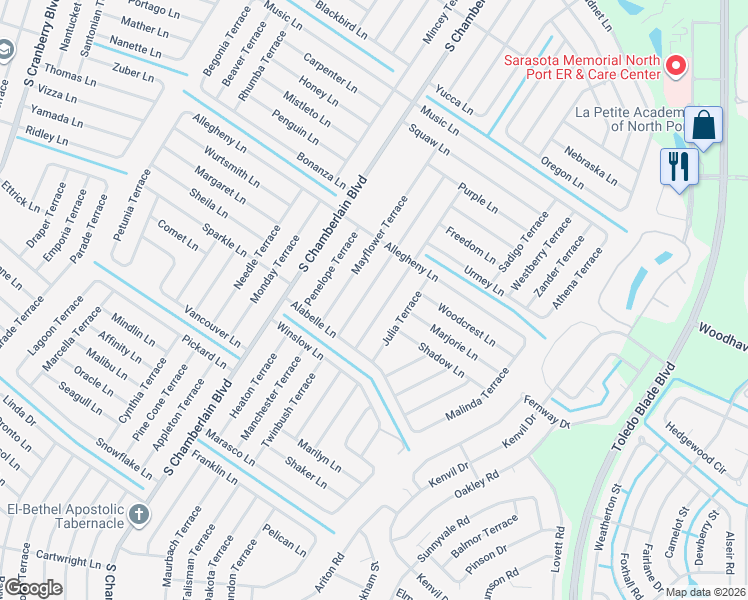 map of restaurants, bars, coffee shops, grocery stores, and more near 3259 Toluca Terrace in North Port
