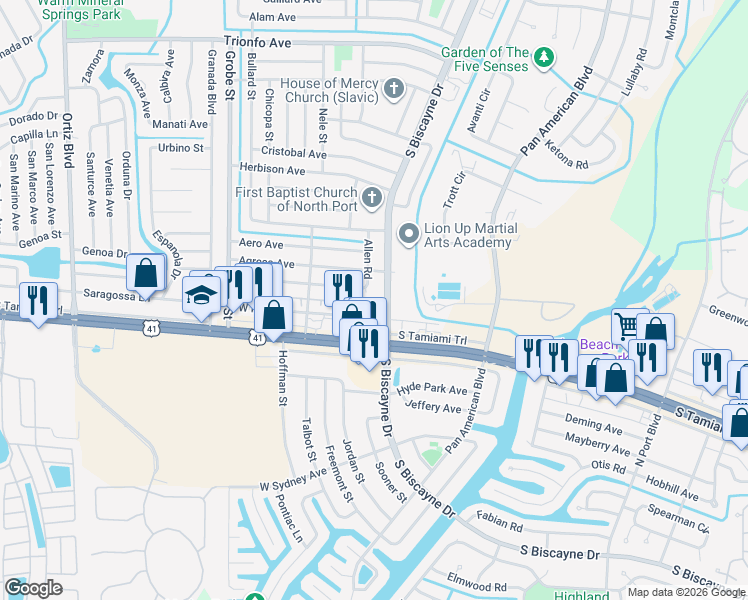map of restaurants, bars, coffee shops, grocery stores, and more near 5539 South Biscayne Drive in North Port