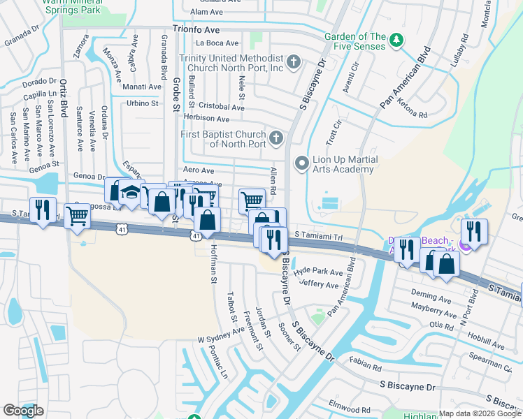 map of restaurants, bars, coffee shops, grocery stores, and more near 8213 Fay Avenue in North Port