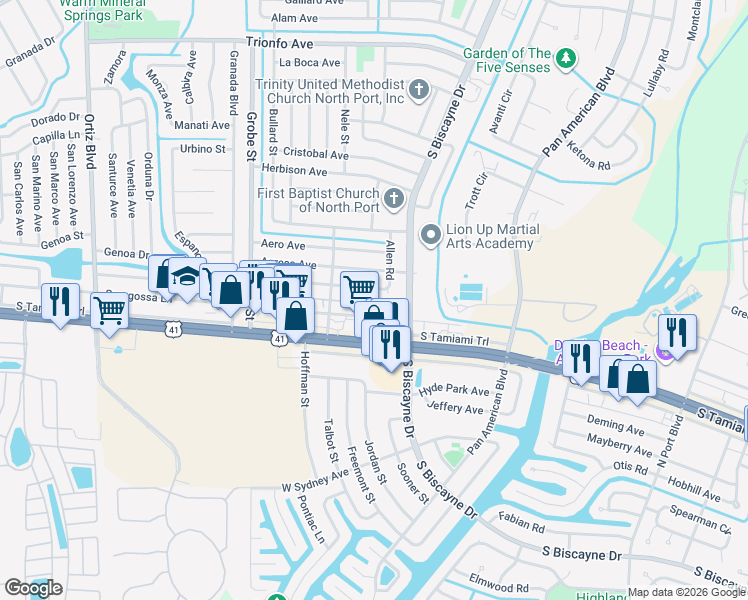 map of restaurants, bars, coffee shops, grocery stores, and more near 8213 Fay Avenue in North Port