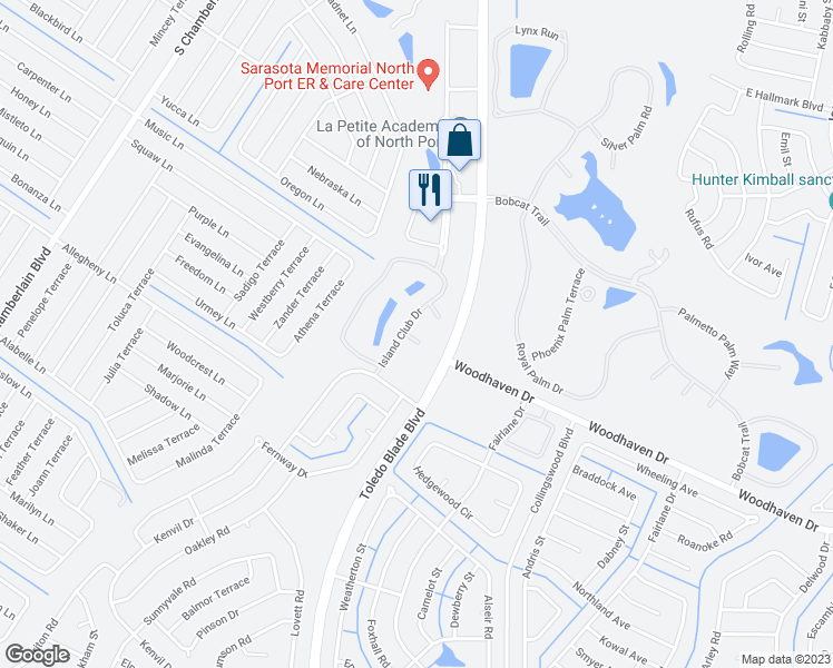 map of restaurants, bars, coffee shops, grocery stores, and more near 3570 Island Club Drive in North Port