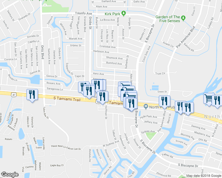 map of restaurants, bars, coffee shops, grocery stores, and more near 8550 Pickwick Road in North Port