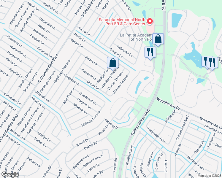 map of restaurants, bars, coffee shops, grocery stores, and more near 2924 Westberry Terrace in North Port