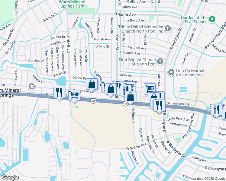 map of restaurants, bars, coffee shops, grocery stores, and more near 120 Granada Boulevard in North Port