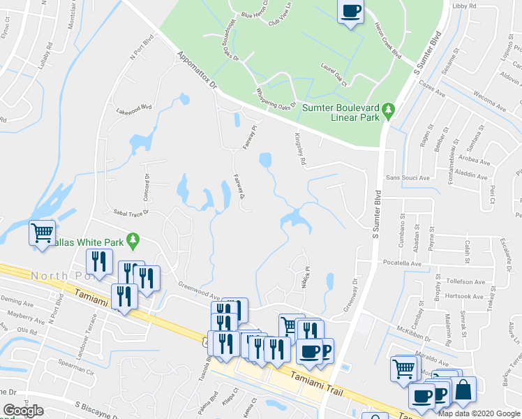 map of restaurants, bars, coffee shops, grocery stores, and more near 4562 Fairway Drive in North Port
