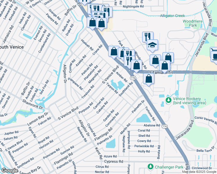 map of restaurants, bars, coffee shops, grocery stores, and more near 4132 Tarpon Road in Venice