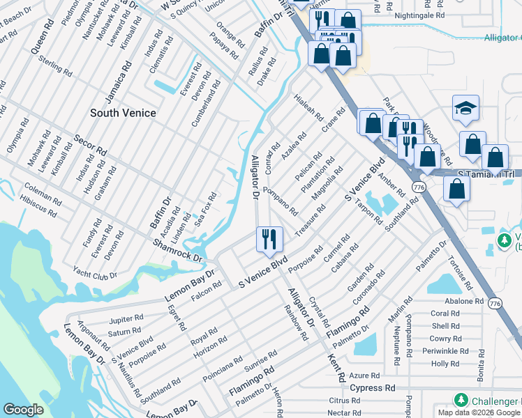 map of restaurants, bars, coffee shops, grocery stores, and more near 685 Alligator Drive in Venice