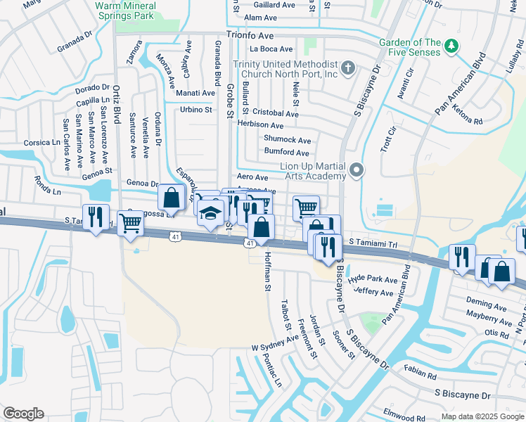 map of restaurants, bars, coffee shops, grocery stores, and more near 8700 Pickwick Road in North Port