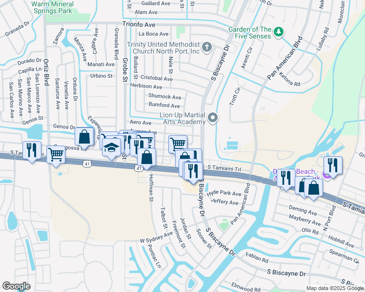 map of restaurants, bars, coffee shops, grocery stores, and more near 8213 Fay Avenue in North Port