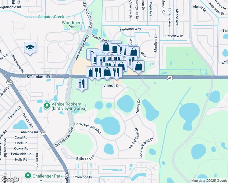 map of restaurants, bars, coffee shops, grocery stores, and more near 4201 Vicenza Drive in Venice