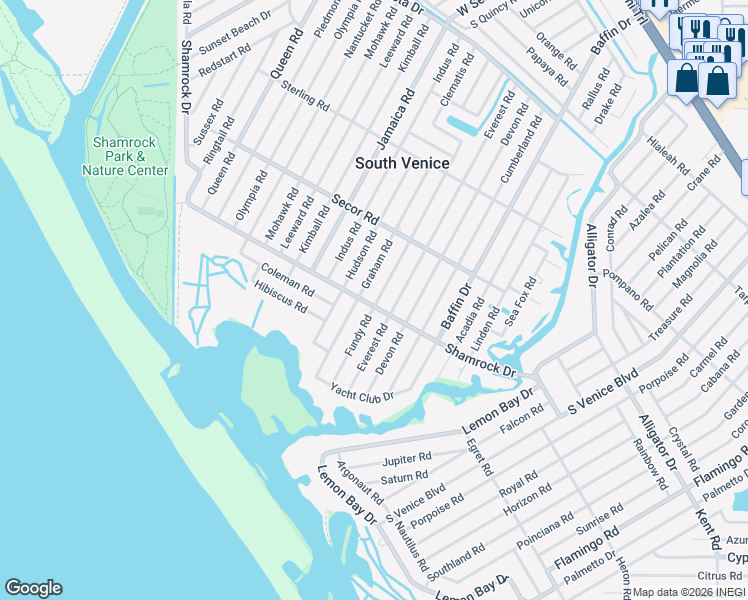 map of restaurants, bars, coffee shops, grocery stores, and more near 1237 Fundy Road in Venice