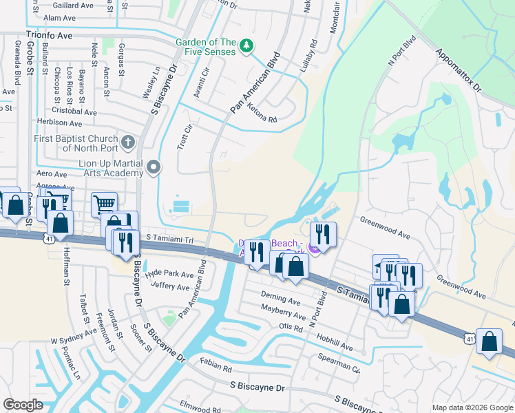 map of restaurants, bars, coffee shops, grocery stores, and more near 6931 Willow Creek Circle in North Port