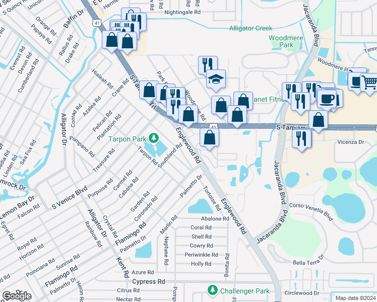 map of restaurants, bars, coffee shops, grocery stores, and more near 14 Englewood Road in Venice