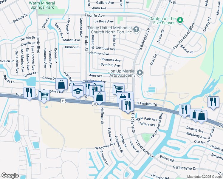 map of restaurants, bars, coffee shops, grocery stores, and more near 8381 Fay Avenue in North Port