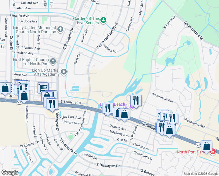 map of restaurants, bars, coffee shops, grocery stores, and more near 6931 Willow Creek Circle in North Port