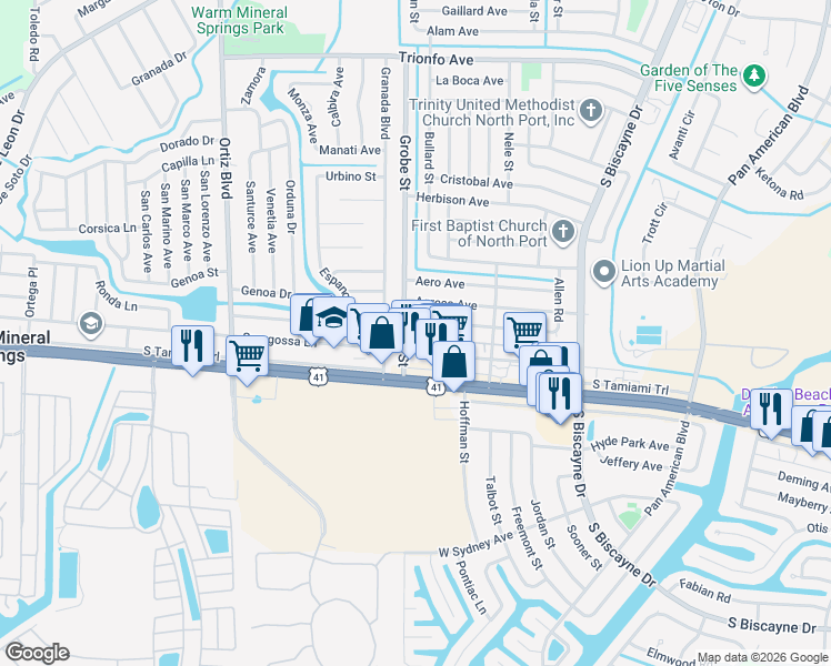 map of restaurants, bars, coffee shops, grocery stores, and more near 8910 Pickwick Road in North Port