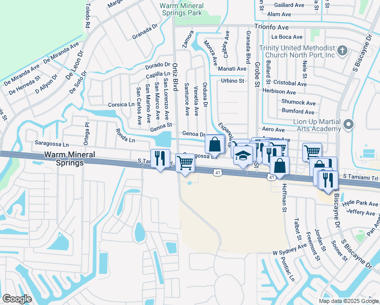 map of restaurants, bars, coffee shops, grocery stores, and more near 12240 Saragossa Lane in North Port