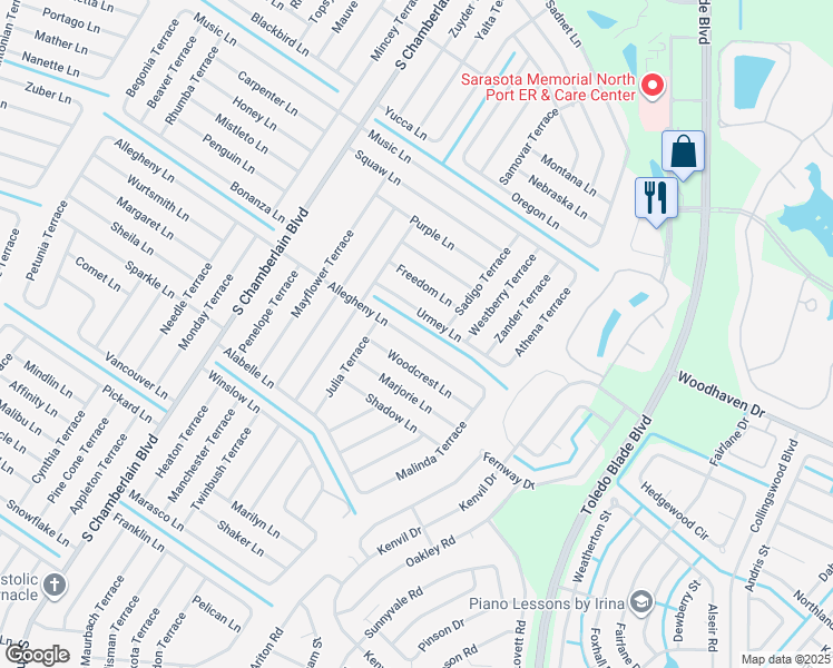 map of restaurants, bars, coffee shops, grocery stores, and more near 1388 Allegheny Lane in North Port