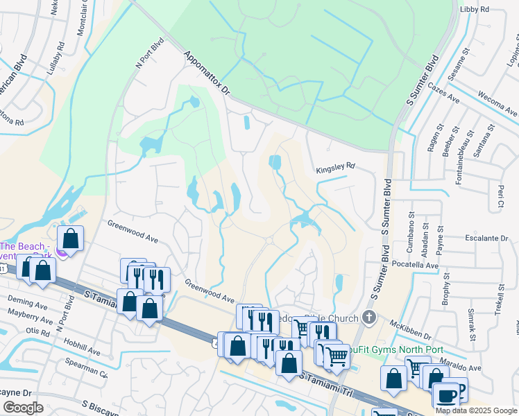 map of restaurants, bars, coffee shops, grocery stores, and more near 4520 Fairway Drive in North Port