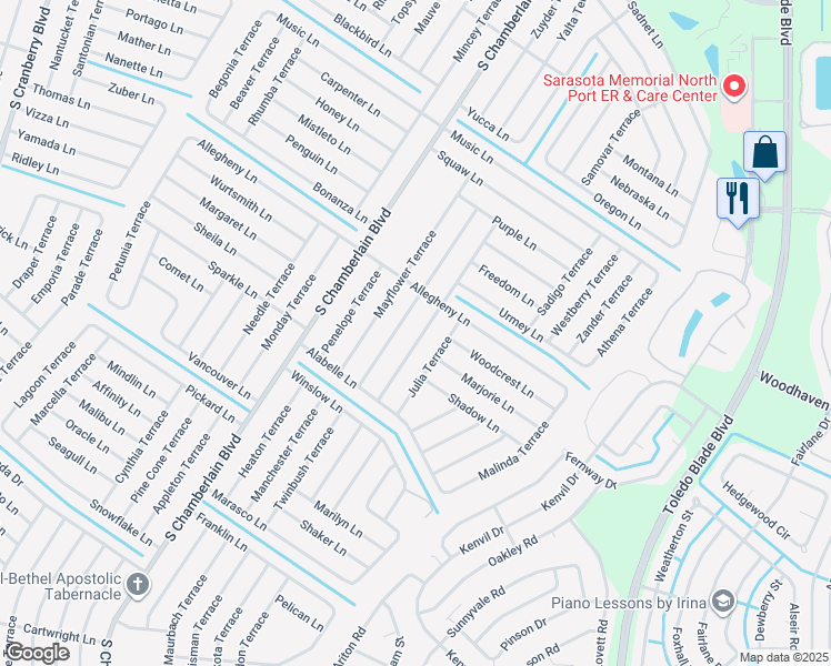 map of restaurants, bars, coffee shops, grocery stores, and more near 3259 Toluca Terrace in North Port