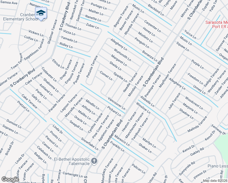 map of restaurants, bars, coffee shops, grocery stores, and more near 3649 Parkins Terrace in North Port