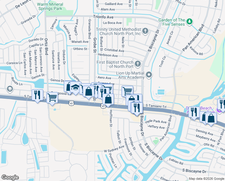 map of restaurants, bars, coffee shops, grocery stores, and more near 8700 Pickwick Road in North Port