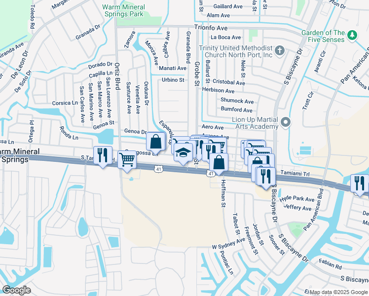 map of restaurants, bars, coffee shops, grocery stores, and more near 120 Granada Boulevard in North Port