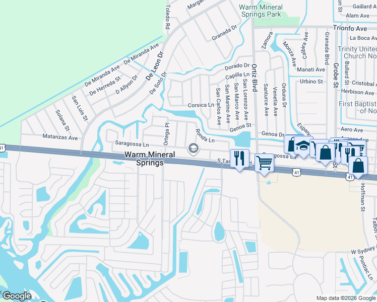 map of restaurants, bars, coffee shops, grocery stores, and more near 12425 South Tamiami Trail in North Port