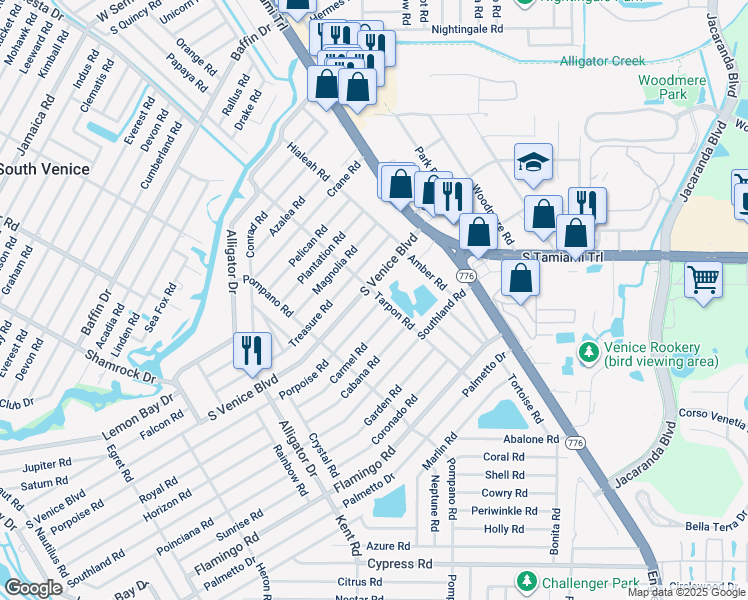 map of restaurants, bars, coffee shops, grocery stores, and more near 4132 Tarpon Road in Venice