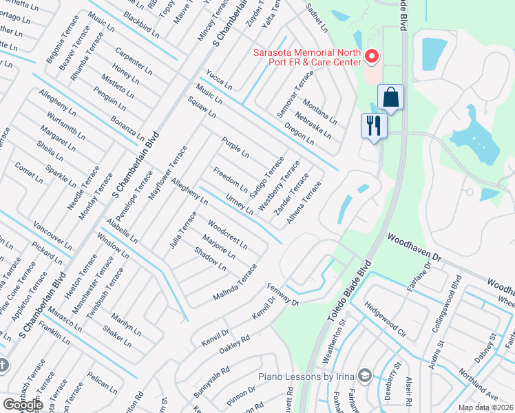 map of restaurants, bars, coffee shops, grocery stores, and more near 2955 Westberry Terrace in North Port