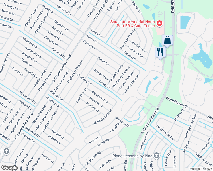 map of restaurants, bars, coffee shops, grocery stores, and more near 1375 Urmey Lane in North Port