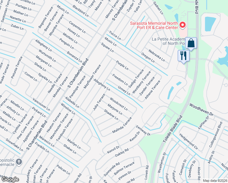 map of restaurants, bars, coffee shops, grocery stores, and more near 1388 Allegheny Lane in North Port
