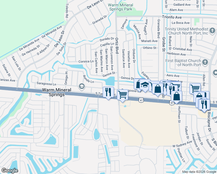 map of restaurants, bars, coffee shops, grocery stores, and more near 12152 Saragossa Lane in North Port
