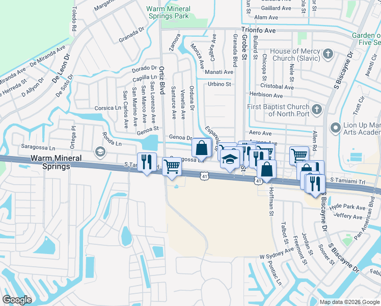 map of restaurants, bars, coffee shops, grocery stores, and more near 12233 Rosaro Avenue in North Port