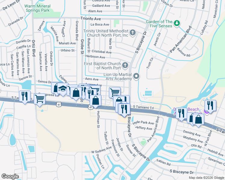 map of restaurants, bars, coffee shops, grocery stores, and more near 8381 Fay Avenue in North Port