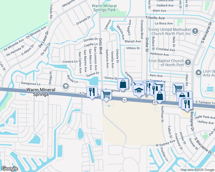 map of restaurants, bars, coffee shops, grocery stores, and more near 12240 Saragossa Lane in North Port