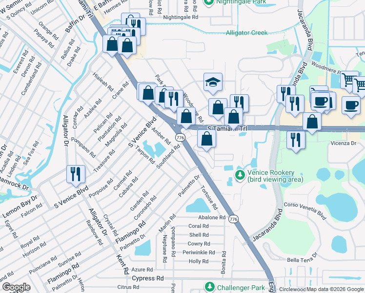map of restaurants, bars, coffee shops, grocery stores, and more near 14 Englewood Road in Venice