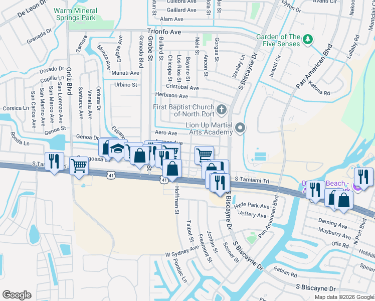 map of restaurants, bars, coffee shops, grocery stores, and more near 8381 Fay Avenue in North Port