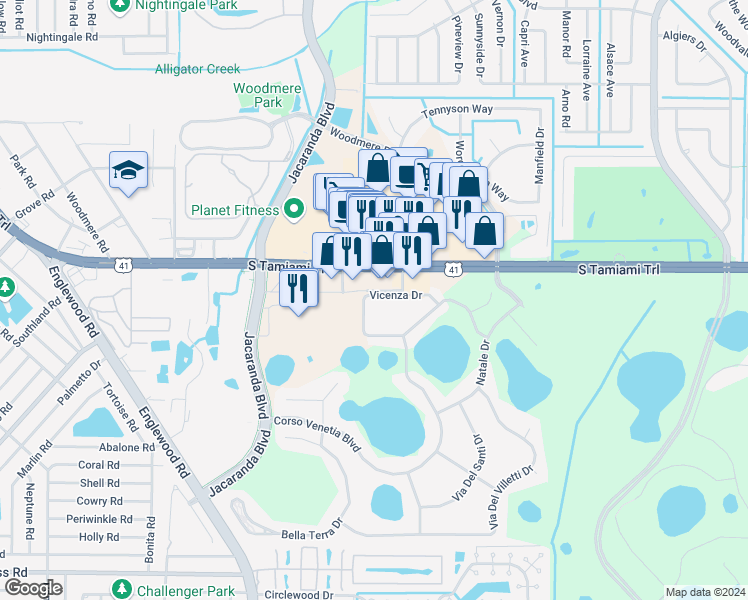 map of restaurants, bars, coffee shops, grocery stores, and more near 4201 Vicenza Drive in Venice
